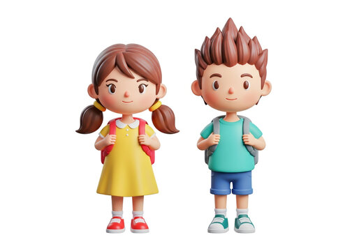 Cute cartoon boy and girl students with backpacks