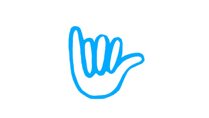 Blue hand drawn shaka hand sign, hang loose gesture doodle illustration, surf and beach culture symbol, bright marker sketch isolated on white background for sticker and t-shirt design projects © Silent
