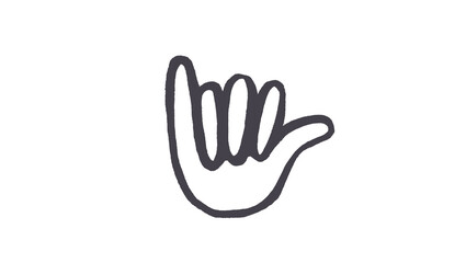 Dark gray hand drawn shaka hand sign, hang loose gesture doodle illustration, surfer beach culture symbol, bold charcoal sketch isolated on white background for sticker and t-shirt design © Silent