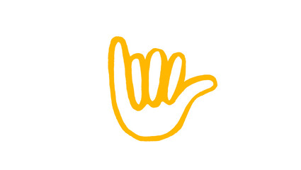 Golden yellow hand drawn shaka hand sign, hang loose gesture doodle illustration, surfer beach culture symbol, bold outline sketch isolated on white background for sticker and t-shirt design © Silent
