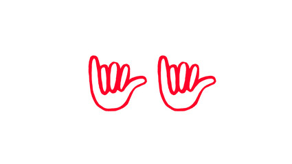 Red hand drawn pair of shaka hand signs doodle illustration, hang loose gesture sketch, surf beach culture symbols isolated on white background for sticker, t-shirt and poster design © Silent