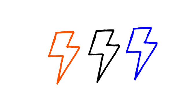 Orange black and blue hand drawn lightning bolts trio doodle illustration, electric thunder flash symbols sketch, bold energy and storm icons isolated on white background for poster and logo design