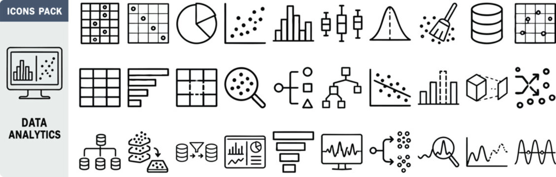 Data analytics and statistical visualization outline icon set. Featuring scatter plots, pie charts, bars, histograms, and dashboards symbols. Vector icons for data reporting and statistical analysis.