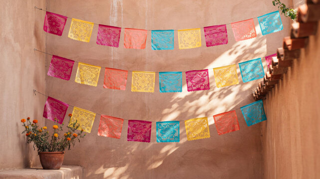 Colorful papel picado banners hanging on a textured adobe wall with a potted plant on a step