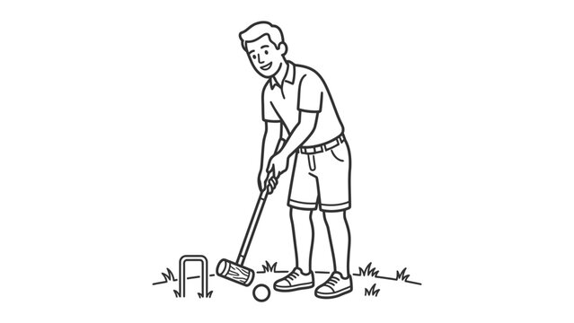 Croquet Player Enjoying Summer Day: A cheerful man in casual attire plays croquet on a sunny day, his mallet poised to strike the ball through a wicket.