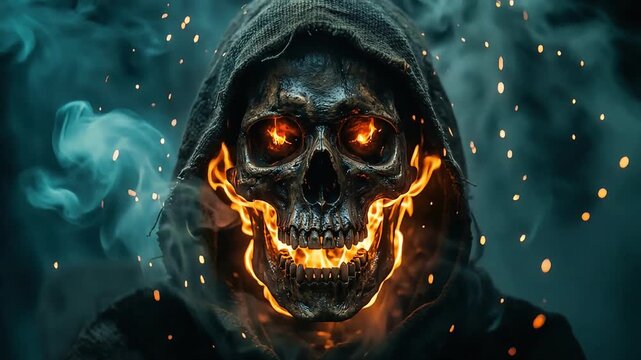 Burning skull in a dark hood with glowing fiery eyes and swirling smoke motion video footage clip