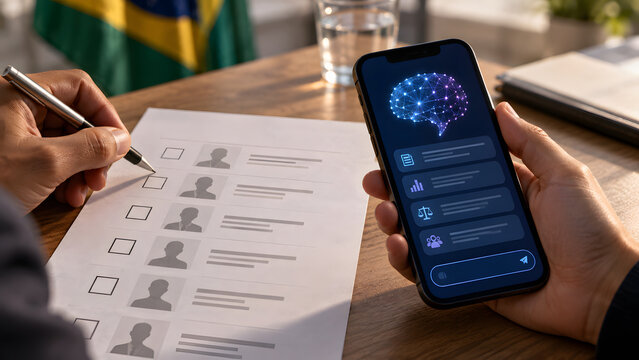 C&eacute;dula de vota&ccedil;&atilde;o em papel ao lado de aplicativo no celular
