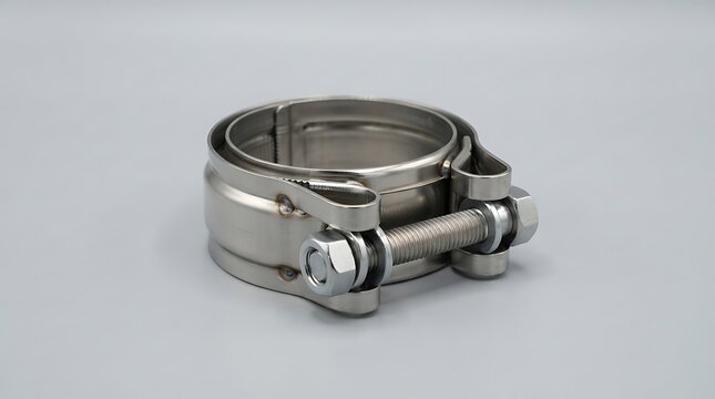 Automotive exhaust pipe clamp with bolt and nut on clean grey background.