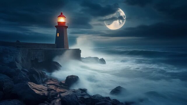 Lighthouse Beacon Shining Through Stormy Night Sea Under Moon
