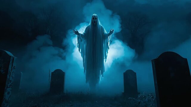 Spooky ghost rising in dark misty cemetery with glowing blue moonlight during horror night video footage