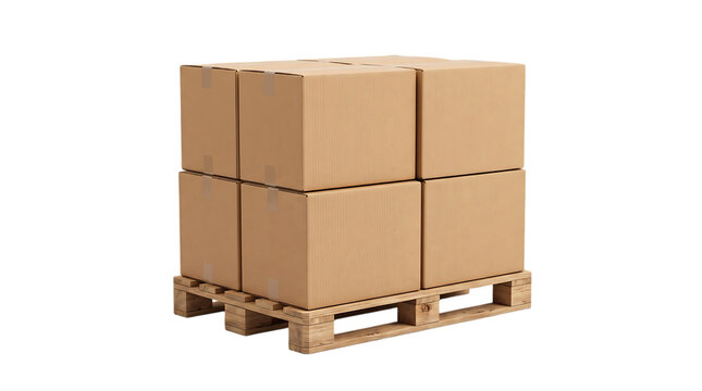 Brown cardboard boxes stacked on a wooden pallet with a transparent background PNG