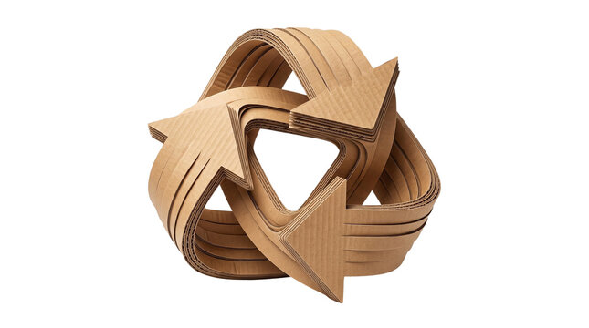 Recycle symbol made of corrugated cardboard twisted into a three dimensional mobius strip shape.