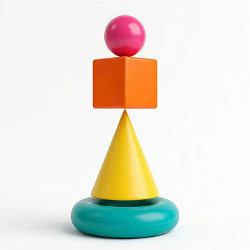 Colorful 3D geometric shapes balanced stack with sphere cube cone and torus on white background