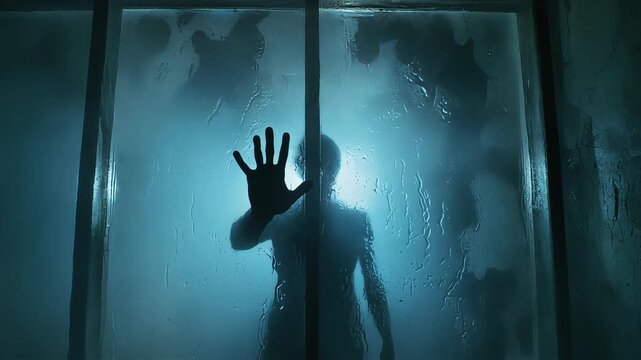 Spooky silhouette of scary creepy person standing behind foggy glass window during dark thunderstorm video footage