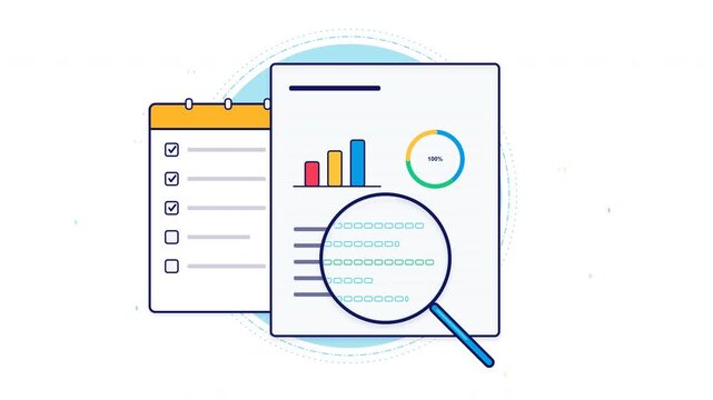 4K 2D flat vector animation featuring a smart magnifying glass performing an X-ray data inspection on a business report with dual charts and tech background elements.