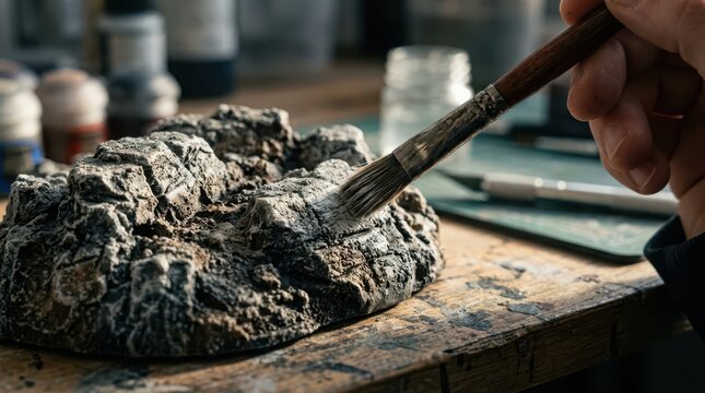 Close-up view of a paintbrush applying paint to a detailed miniature rock terrain piece for a diorama or model.