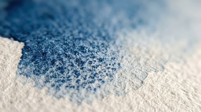 Close-up view of blue watercolor paint granulation texture on textured paper