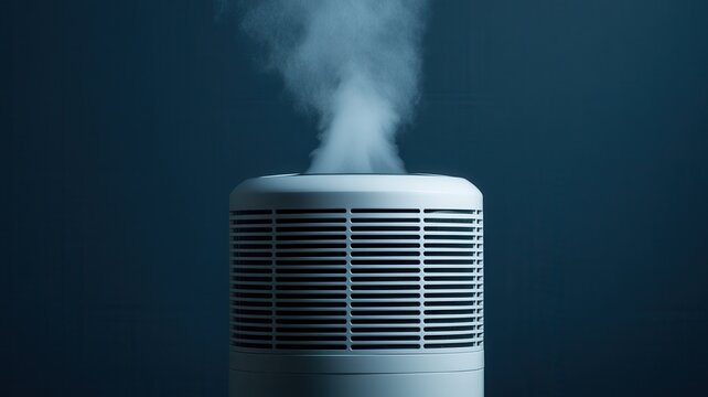 Modern white humidifier releasing a stream of cool mist against a dark blue background, representing indoor air quality, humidity control, home comfort, respiratory wellness, air moisture, and househo