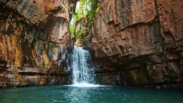 Closeup view of Cascade Creek Falls cascading through rugged canyon walls at dusk near the Million Dollar Highway in Colorado