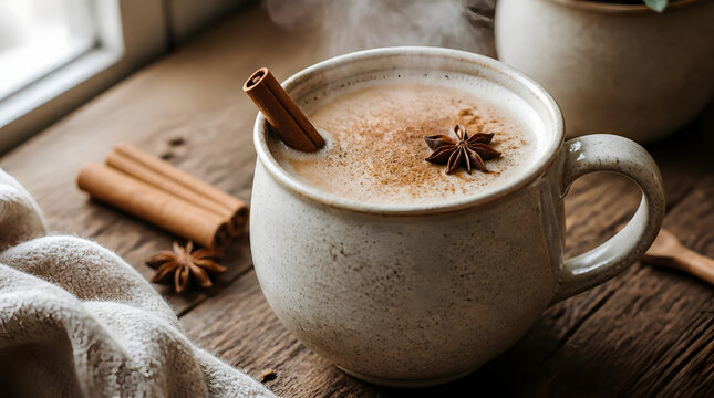 Steaming chai latte garnished cinnamon stick star anise rustic ceramic mug indoor windowsill natural light
