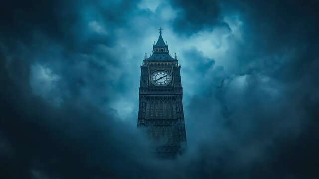 Big Ben clock tower rising through dark dramatic storm clouds in London captured in cinematic video footage