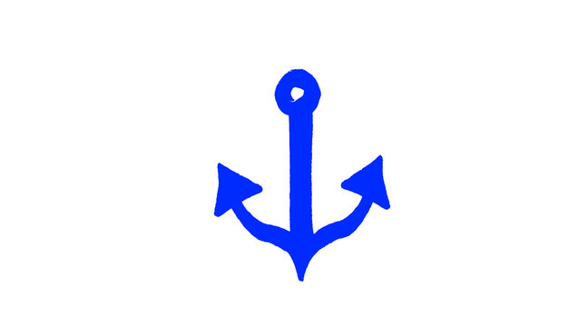 Blue hand drawn ship anchor doodle illustration, nautical marine symbol sketch, bold sailor style sea icon, maritime design element isolated on white background for logo, tattoo and summer design