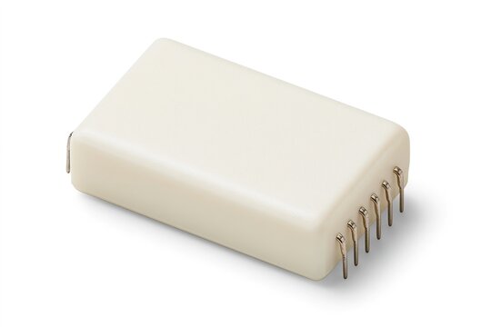 Rectangular beige battery with six metallic pins for connection, against a white background.