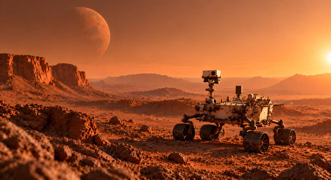 Mars robotic exploration rover on red rocky martian surface, dramatic sunset light over canyon landscape with distant planet in sky
