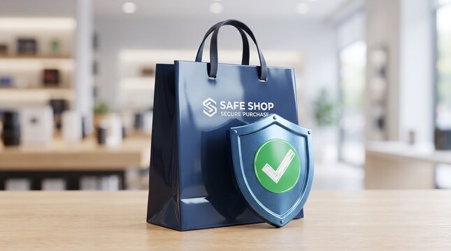 Glossy blue shopping bag with Safe Shop logo and protective shield icon representing secure online purchase concept on wooden table in bright retail store interior for safe consumer transaction