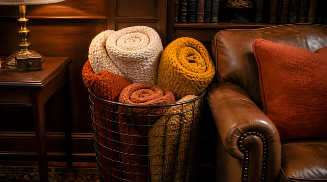 Tall wire basket containing rolled blankets of various colors beige orange living room realistic close up