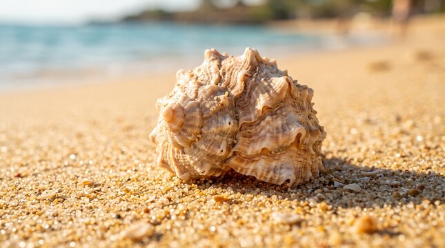 Seashell on sandy beach, tropical ocean shore background, beautiful marine seashell photo, summer vacation and coastal travel concept