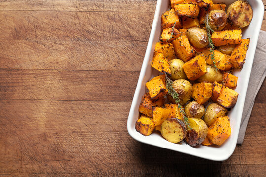 Autumn meal: oven roasted seasonal vegetables with garlic and herbs