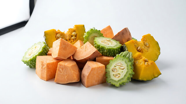 Freshly chopped pumpkin and bitter gourd pieces on a white background
