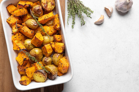 Autumn meal: oven roasted seasonal vegetables with garlic and herbs