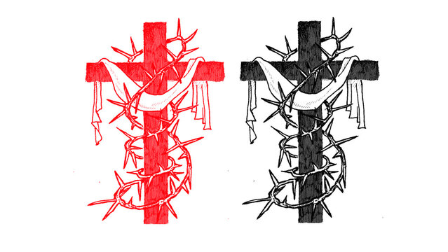 Set of two Christian crosses in red and black with crown of thorns and draped cloth, Passion of Christ religious illustration for Good Friday, Easter, Lent, church, faith and spiritual design