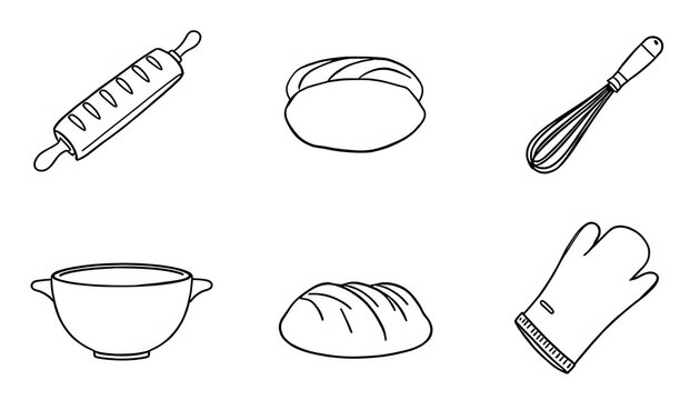 Set of kitchen baking tools and loaves of bread line art illustrations.
