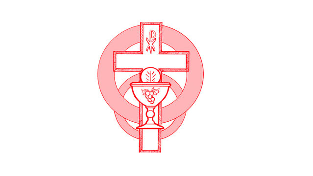 Red Eucharist chalice with communion host in front of Christian cross and circles, red Catholic religious symbol illustration, simple emblem for church, Holy Communion, faith and spiritual design