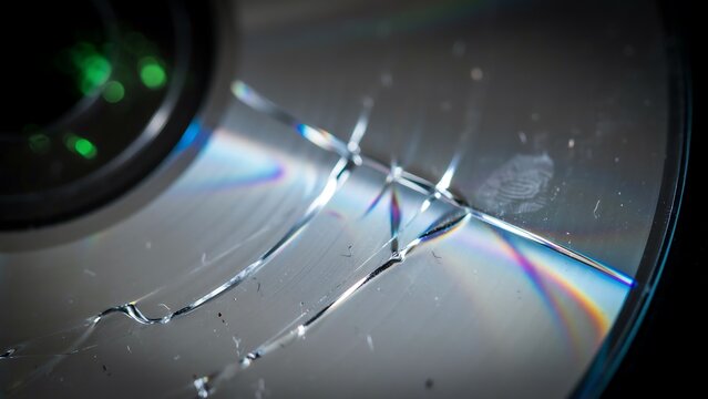 Macro view of a scratched compact disc surface showing rainbow light reflections and damage on a shiny metallic storage media disk