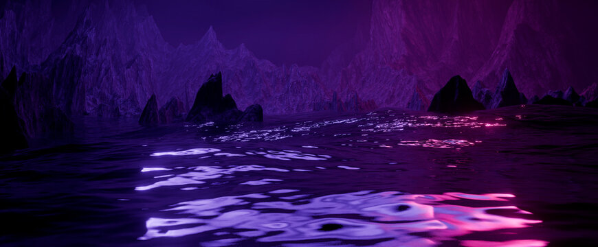 Futuristic sci-fi alien planet landscape with dark water neon reflections and sharp purple mountains banner