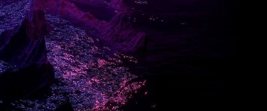 Futuristic sci-fi alien planet landscape with dark water neon reflections and sharp purple mountains banner