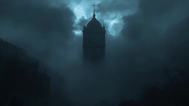 Spooky gothic clock tower surrounded by thick mystical fog under dark stormy night sky motion video clip