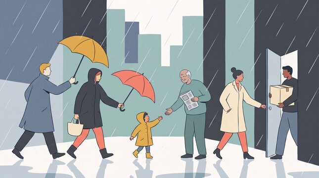 Chain of kindness and paying it forward concept, diverse strangers sharing umbrellas and supporting each other on a rainy city street, editorial illustration