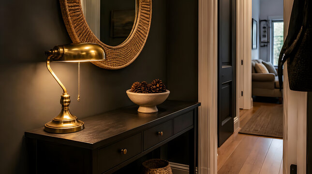 Warm inviting entryway dark console table gold desk lamp woven mirror frame bowl pinecones indoor residential space