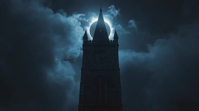 Gothic clock tower silhouette standing against dark stormy clouds during a mysterious nocturnal solar eclipse video