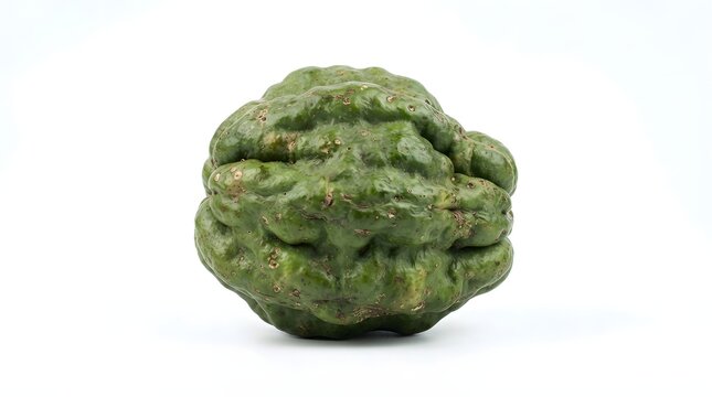 Single fresh Pangium edule fruit, also known as Kepayang or football fruit, isolated on a clean white background for culinary or botanical use.
