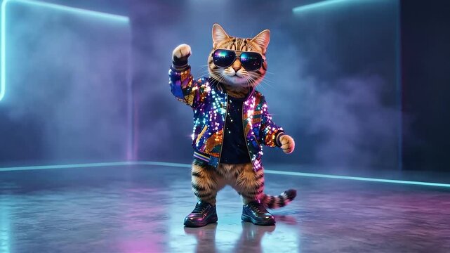Cool stylish cat wearing trendy sunglasses and sequin jacket dancing happily in vibrant neon nightclub video footage