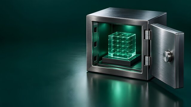 Digital asset protection concept showing open metal safe containing glowing grid cube representing secure data storage