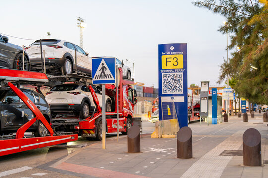 Barcelona, Spain &ndash; August 12, 2026: Car transporter loaded with new vehicles at the F3 ferry terminal in Port of Barcelona