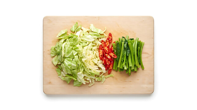 Chopped cabbage chili and greens on a wooden cutting board top view