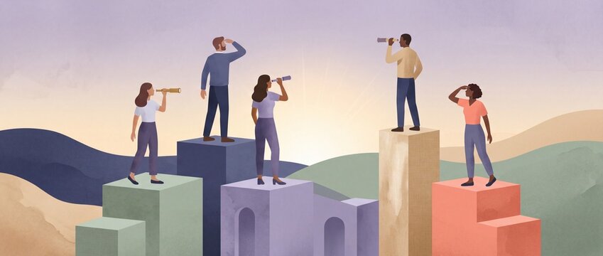 Shared vision and strategic leadership concept, diverse business team on abstract platforms looking toward a glowing sunrise horizon, editorial corporate illustration